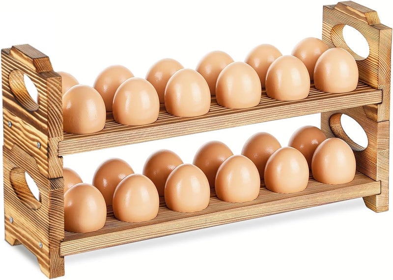 AOOHOOA Wooden Egg Holder Countertop, Stackable Wooden Egg Storage & Organizer, 2-Tier /24-Hole Farmhouse Eggs Rack Wood with Handle for Fresh Eggs to Store Chicken/Duck/Quail/Turkey/Easter Egg - Image 1